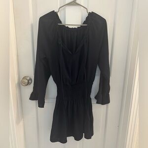 Navy Boutique dress with cinched waist and bell sleeves